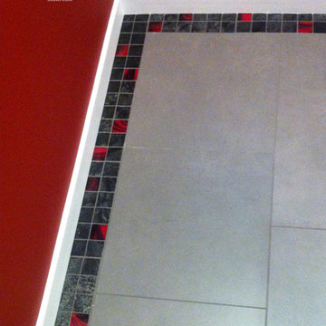Bathroom - Red, Gray, & Black Half Bath with Angled Vanity