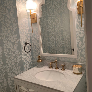 Before & After : A Blue & White Powder Room w/ Whimsical Wallpaper