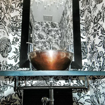 black and white powder room with Copper Sink