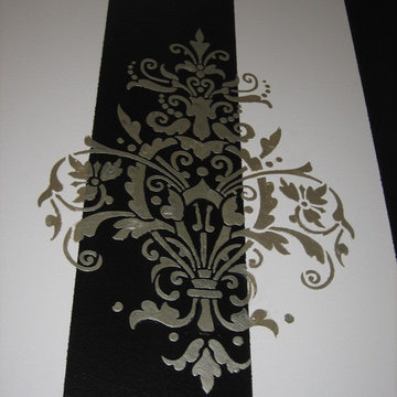 black and white stripes with raised silver stenciling