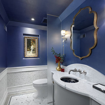 Blue and White Mediterranean powder room in Alexandria, VA