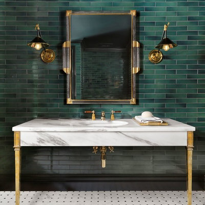 Example of a classic green tile and subway tile multicolored floor powder room design in St Louis with green walls, an undermount sink, marble countertops and white countertops