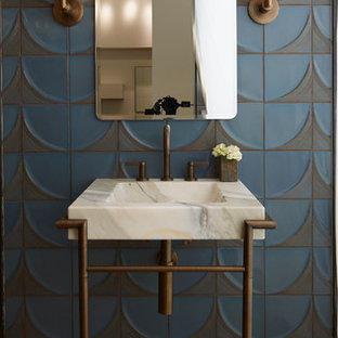 Classic cloakroom in Chicago with marble worktops, blue tiles, grey tiles, blue walls and a console sink.