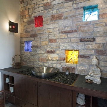 Contemporary Powder Room Featuring Interior Stone Walls with Stained Glass