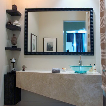 Contemporary Powder Room with Stone Vanity and Glass Vessel Bowl Sink