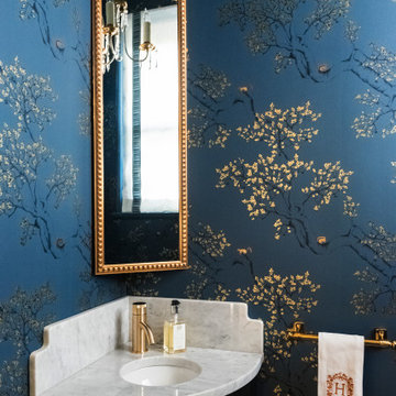 Deep Blue Powder Bath Chinoiserie Inspired Wallpaper