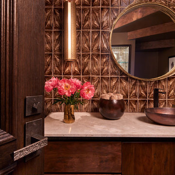 Dramatic Powder Room  with Quartzite Countertop and Flat-Panel Cabinets