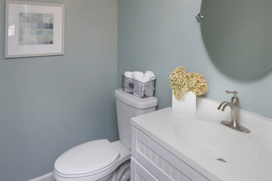 Transitional dark wood floor powder room photo in St Louis with blue walls