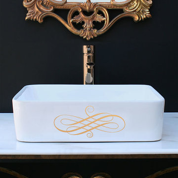 Elegant Gold Swirl Hand Painted Sink in Black Bathroom