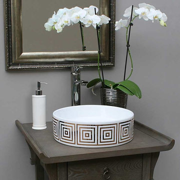Gold Big Squares Hand Painted Sink in Gray Bathroom