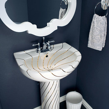 Gold Swirling Lines sink in a Blue Powder Room