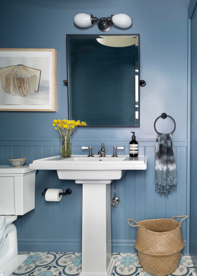 Transitional Powder Room by A.Jennison Interiors