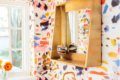 Photo of an eclectic cloakroom in Other with multi-coloured walls and a pedestal sink.