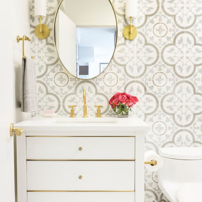 Example of a small transitional white tile and cement tile porcelain tile and white floor powder room design in Chicago with flat-panel cabinets, white cabinets, a one-piece toilet, white walls, an undermount sink, quartz countertops and white countertops
