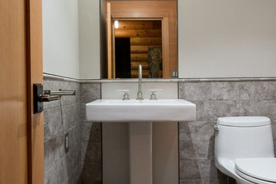 シアトルにある高級なトランジショナルスタイルのおしゃれなトイレ・洗面所 (フラットパネル扉のキャビネット、一体型トイレ	、磁器タイルの床、ペデスタルシンク) の写真