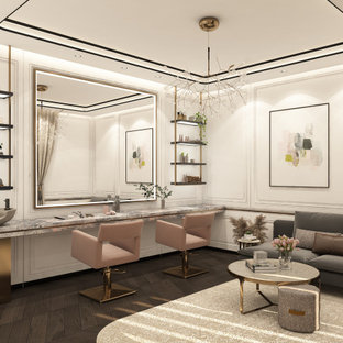 Ispirazione per un ampio bagno di servizio design con ante con riquadro incassato, ante bianche, piastrelle grigie, pareti bianche, parquet scuro, lavabo a bacinella, top in marmo, pavimento marrone, top rosa, mobile bagno incassato, soffitto ribassato e pannellatura