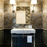 Small elegant mosaic tile floor powder room photo in Sydney with a console sink and multicolored walls