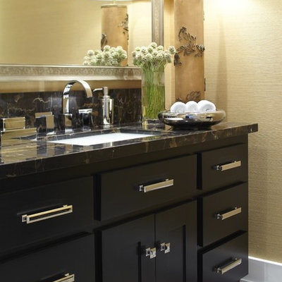 Powder room - transitional powder room idea in San Francisco with an undermount sink, shaker cabinets, black cabinets, marble countertops and black countertops