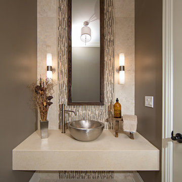Modern Contemporary Powder Room With Travertine Tile