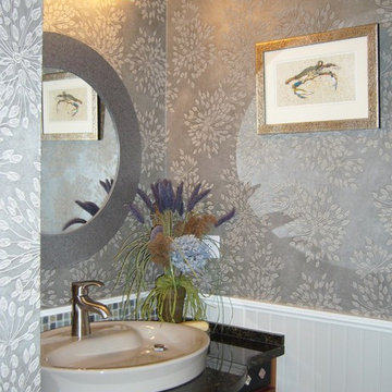 Modern Elegant Powder Room, Bead Board Panelling, Custom Vanity, Glass Tiles Bac