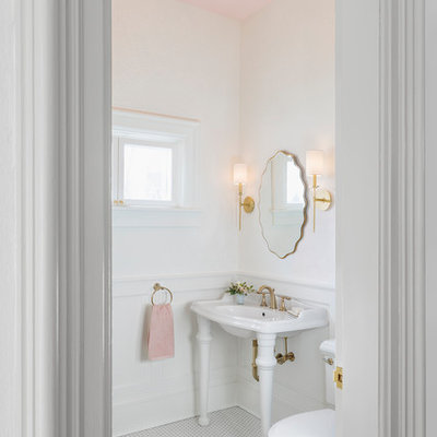 Example of a small classic white floor powder room design in Minneapolis with recessed-panel cabinets, white cabinets, a two-piece toilet, white walls and a console sink