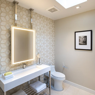 Inspiration for a mid-sized contemporary beige tile and ceramic tile porcelain tile and gray floor powder room remodel in San Francisco with open cabinets, a one-piece toilet, beige walls and a trough sink