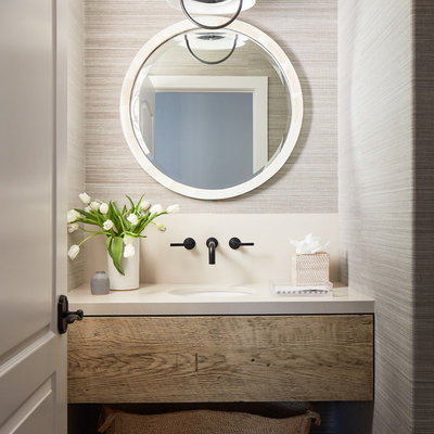 Inspiration for a small coastal beige floor and travertine floor powder room remodel in San Luis Obispo with distressed cabinets, beige walls, an undermount sink, open cabinets and white countertops