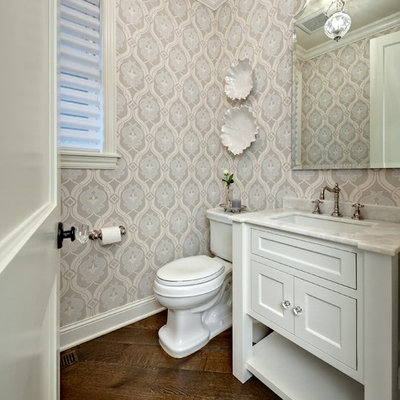 Elegant powder room photo in Minneapolis with an undermount sink, white cabinets and recessed-panel cabinets