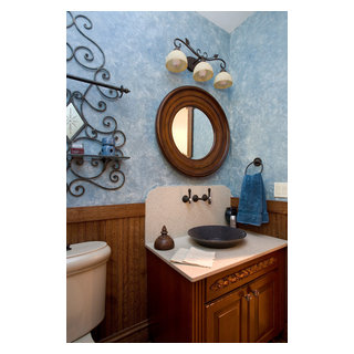 Powder room vanity with bead board wainscot and blue faux finish walls ...