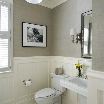 Powder Room with Beadboard Wainscot and Grass Cloth Wall Covering