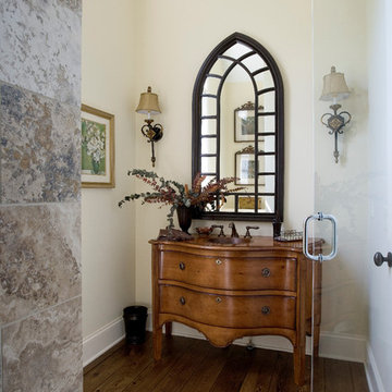Powder Room with Cherry Furniture Style Vanity and Hammered Copper Sink
