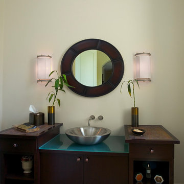 Powder Room with Custom Built Oak Vanity with Black Glaze and Vessel Sink