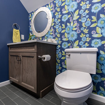 Powder Room with Floral Wallpaper and Wood Vanity