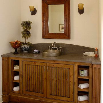 Powder Room with Knotty Pine Beadboard Vanity with Limestone Countertop