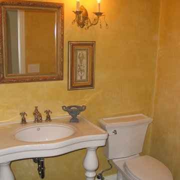 Powder Room With Ochre Plaster Walls/ Console Sink