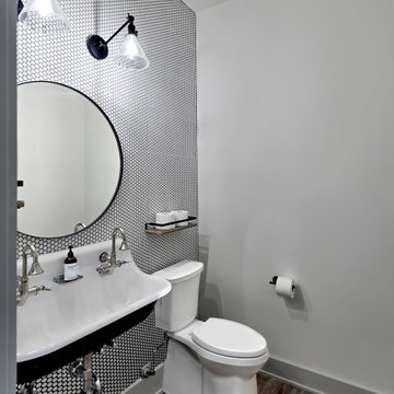 Powder Room with Penny Tile Walls and Trough Sink
