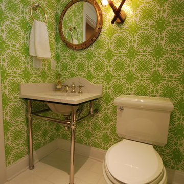 Preppy Powder Room with Lime Green Wallpaper