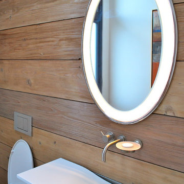 Recycled redwood siding used as accent wall