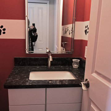 Red and White Powder Room with Waypoint Vanity and Eternia Quartz Countertop