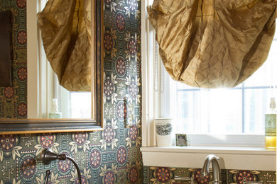 Mid-sized transitional powder room photo in Boston with multicolored walls and a pedestal sink
