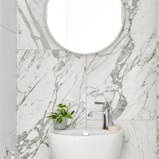 Design ideas for a contemporary powder room in Geelong with white tile and a wall-mount sink.