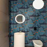 Gray floor powder room photo in Miami with multicolored walls and a pedestal sink