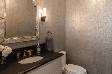Small transitional powder room photo in New York with glass-front cabinets