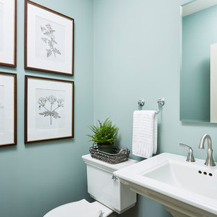 Inspiration for a timeless dark wood floor and brown floor powder room remodel in Minneapolis with a two-piece toilet, blue walls and a pedestal sink