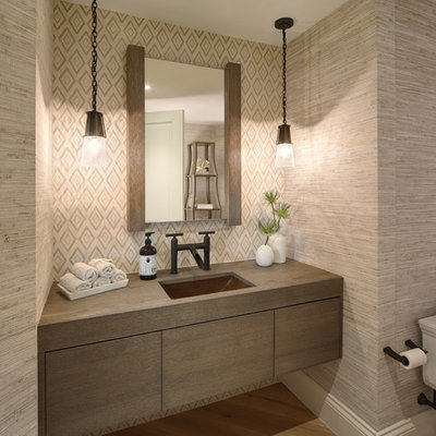 Example of a beach style light wood floor powder room design in Cleveland with flat-panel cabinets, beige walls and an undermount sink