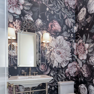 Example of a mid-sized classic marble floor and multicolored floor powder room design in Dallas with multicolored walls and a console sink
