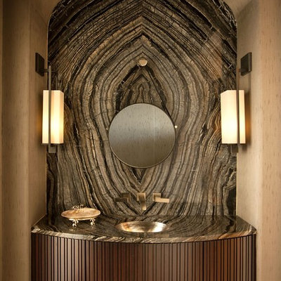 Powder room - large transitional brown tile and stone slab dark wood floor powder room idea in Miami with an undermount sink, dark wood cabinets, a one-piece toilet and beige walls