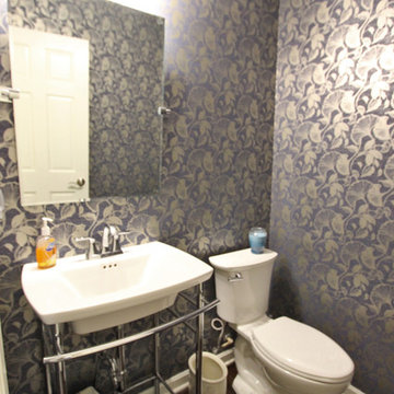 Transitional Powder Room with Metal Console Table Pedestal Sink