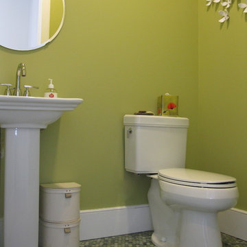 Transitional powder room with Mixed Jade penny tile floor and pedestal sink
