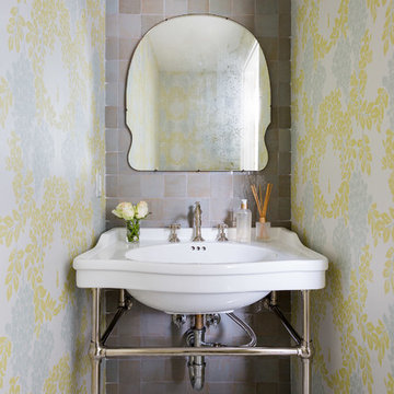 Transitional Powder Room with Zellige Tile and Floral Wallpaper
